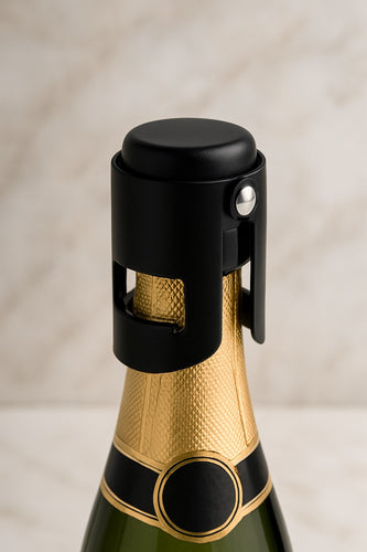 A black and rose gold champagne cork stopper fitted on a champagne bottle with a visible brand label.
