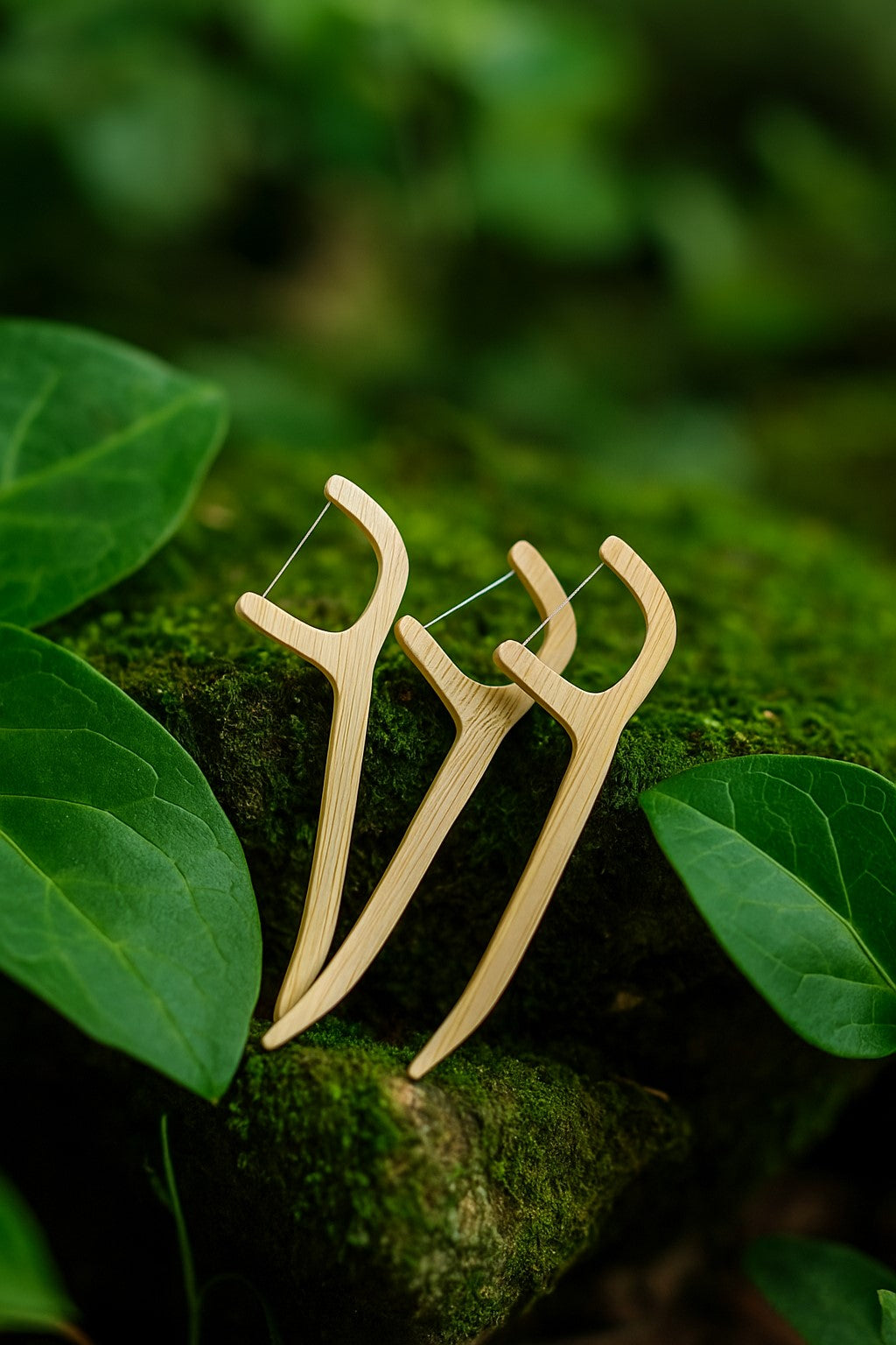 Three wooden slingshots on a mossy surface with green leaves in the background
