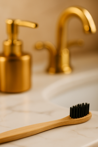 Bamboo toothbrush with black bristles on a bathroom counter with gold faucet and soap dispenser.