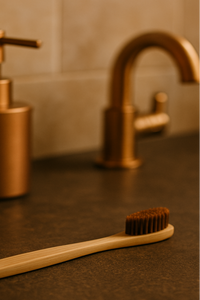 Bamboo toothbrush on a brown countertop with bronze faucet and soap dispenser in the background.